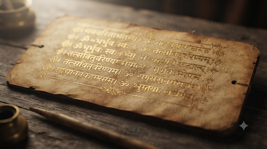 Close-up of a palm-leaf manuscript folio with Sanskrit Vedic mantras in gold ink, softly lit, warm parchment tones.