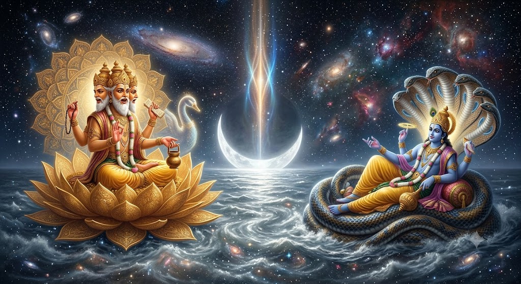 Four-faced Brahmā on a golden lotus and Viṣṇu reclining on Śeṣa across the cosmic ocean, a slender column of light rising between them.