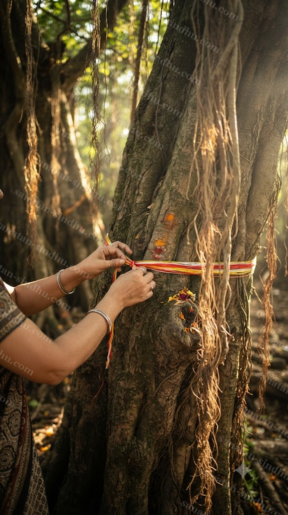 A woman's hands tying a sacred thread around the wide trunk of an old banyan tree, dappled sunlight through its aerial roots and hanging tendrils.