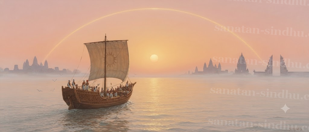 Cinematic panoramic painting at dawn: a wooden Indian ocean-going ship with a square sail crosses a calm milk-pale sea, while on the far horizon the silhouettes of Angkor Wat's towers, Prambanan's spires and a Balinese temple gate rise out of the mist, joined by a faint golden arc across the sky.