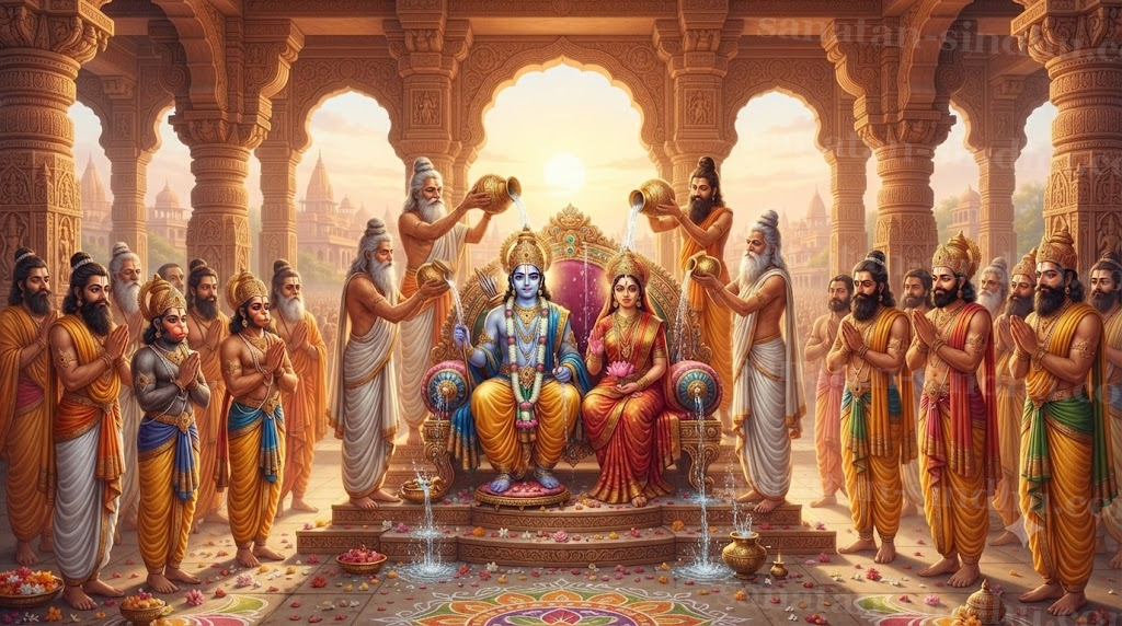 Coronation hall at dawn — sages pouring consecrated water from ocean vessels over Rāma and Sītā seated on the throne of Ayodhyā, with vānara allies and Vibhīṣaṇa standing among the ministers.