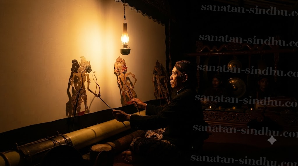 A Wayang Kulit performance seen from behind the lit cotton screen: the dalang's hands work two intricately pierced leather puppets of Rāma and Rāvaṇa, an oil lamp throwing hard shadows, a gamelan ensemble faintly visible in the dark beyond.
