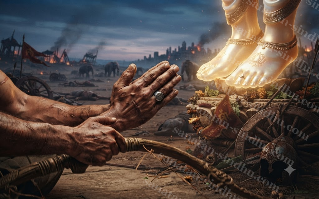 Close view of a warrior's scarred hands letting a heavy bow fall and folding into añjali mudrā before a pair of softly glowing lotus feet.