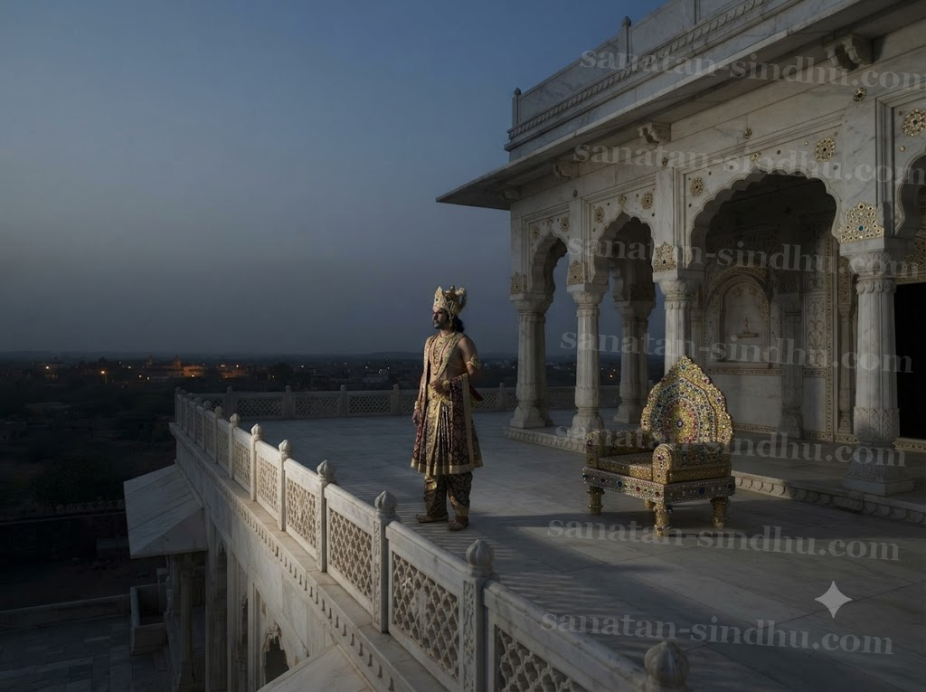 A palace terrace at dusk seen from outside — a crowned figure alone at the parapet with an empty seat beside him, long cold shadows in restrained blue and grey.