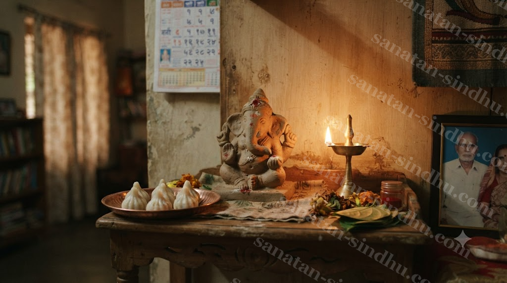 A single small clay Gaṇeśa mūrti on a simple household altar, lit by one oil lamp, with a plate of modaka beside it — an intimate, private domestic scene.