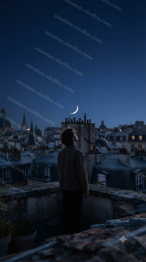 A person's silhouette looking up at a crescent moon low over rooftops at night, seen from behind, in a deep blue night sky.