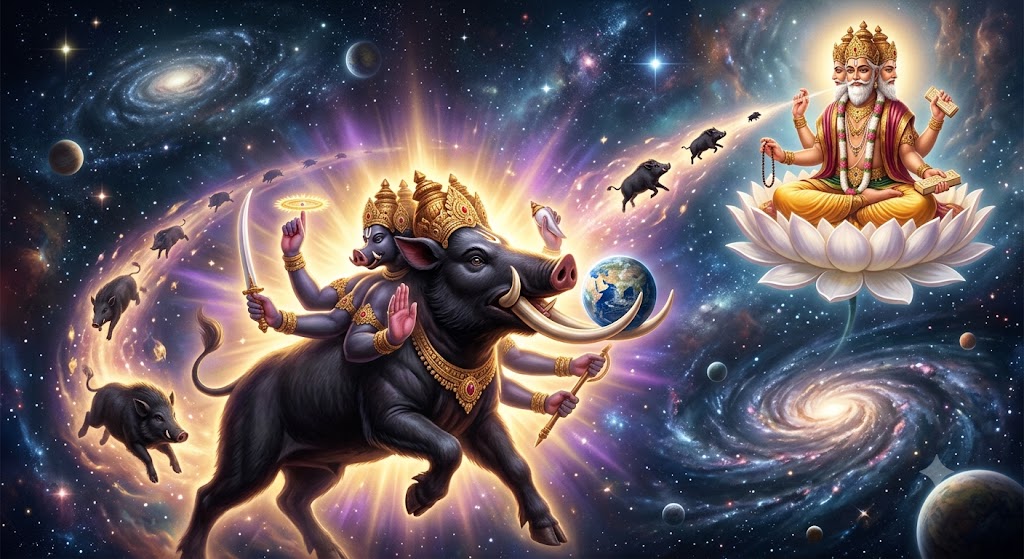 The cosmic Boar Varāha striding through a star-filled void with the blue earth balanced on his tusk, four-faced Brahmā seated on a white lotus nearby.