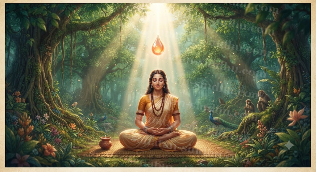 Añjanā seated in deep meditation in a sunlit forest as a luminous drop of sacred pāyasa descends towards her.