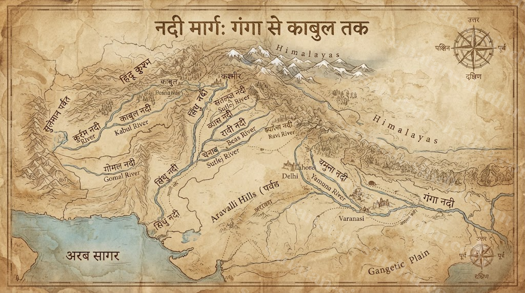 A weathered hand-drawn map style illustration tracing a line of rivers from the Ganga in the east across the Punjab plains to the Kabul, Kurram and Gomal rivers in modern Afghanistan in the west, labelled in both Devanagari and modern names.