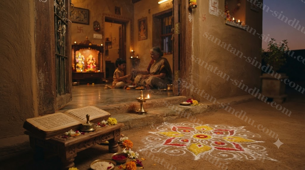A single oil lamp burning at a house threshold at dusk on Ekādaśī, a fresh rangolī half-drawn beside it, an open Purāṇa manuscript resting nearby, the household visible in soft golden light behind.