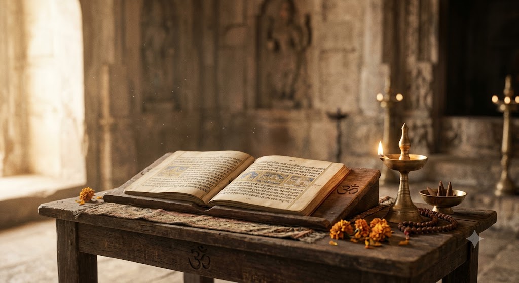 A calm dawn-lit manuscript or temple detail that evokes Sanātana Dharma — open books, a lit oil lamp, and a subtle ॐ motif.