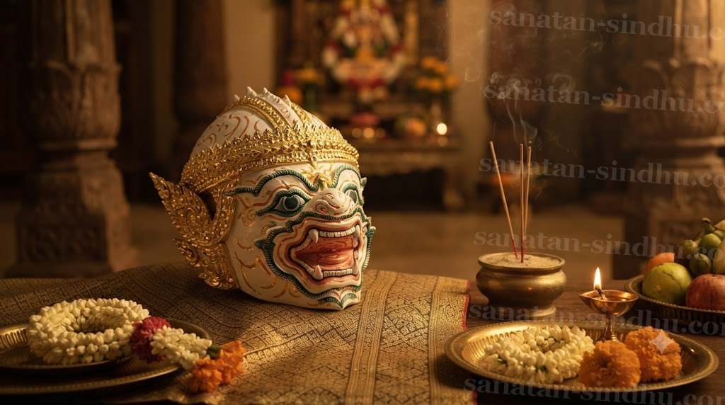 Close study of a lacquered Thai Khon mask of Hanumān — white face, gilded crown, fierce open mouth — resting on a silk cloth with incense and offerings before a Wai Kru ceremony.