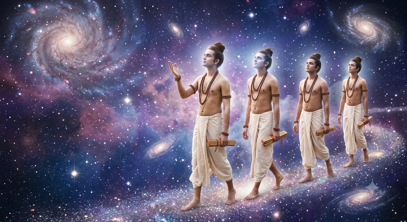 Four eternally youthful sages in white loincloths and rudrāksha beads walking through a starlit cosmic landscape with spiral galaxies, carrying bundled palm-leaf manuscripts.