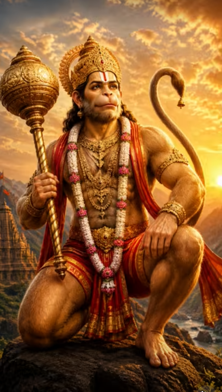 A reverent portrait or iconographic image of Lord Hanuman (हनुमान्) in the traditional South Indian or Pahari miniature register.