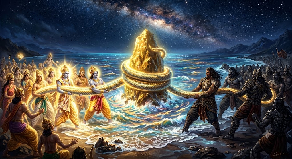 Devas and asuras pulling the serpent Vāsuki coiled around the golden Mount Mandara in the star-lit cosmic ocean.