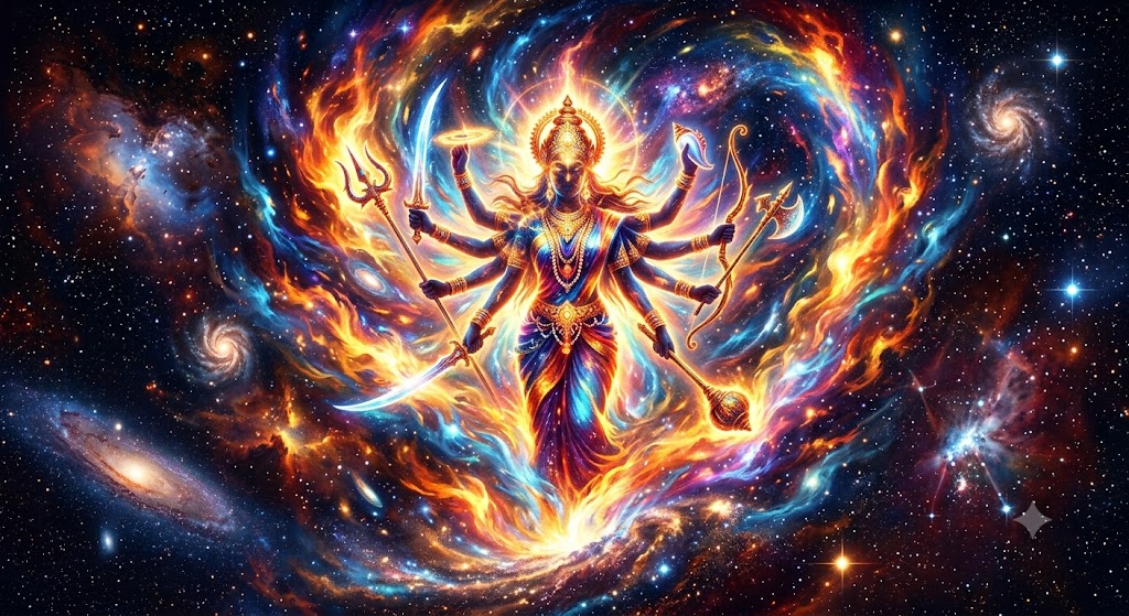 Durgā emerging in blazing cosmic form from a swirling vortex of fire and galaxies, her many arms holding triśūla, sword, bow, mace and discus.
