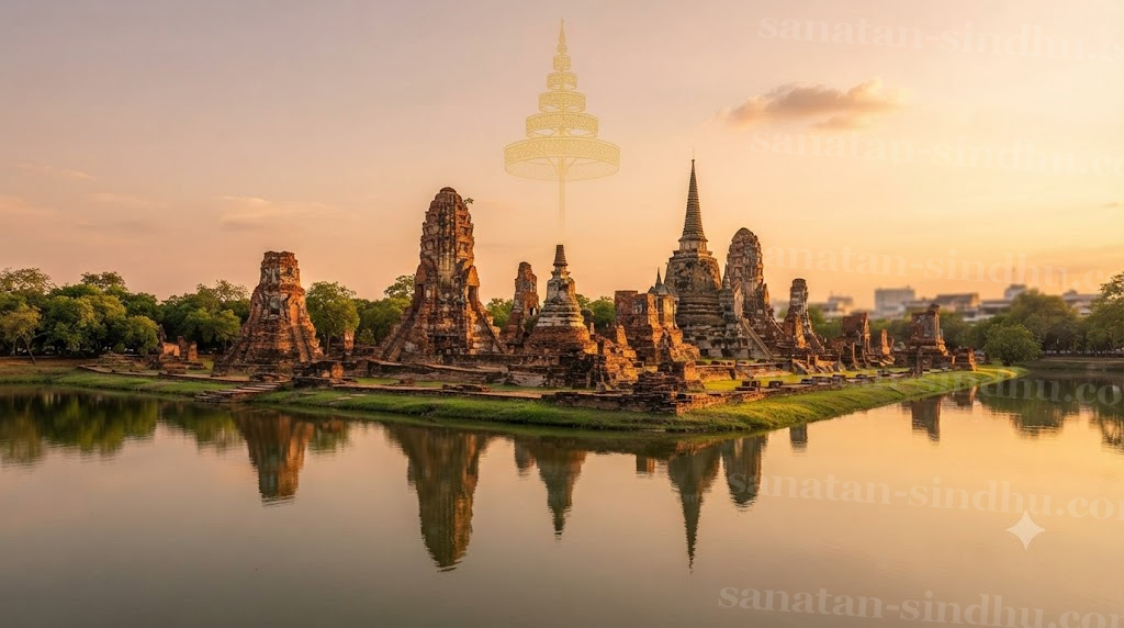 The brick prangs and ruined stupas of historic Ayutthaya at golden hour, reflected in the surrounding river, with a Thai royal umbrella motif faintly overlaid — a capital named for Ayodhyā, 'the unconquerable'.
