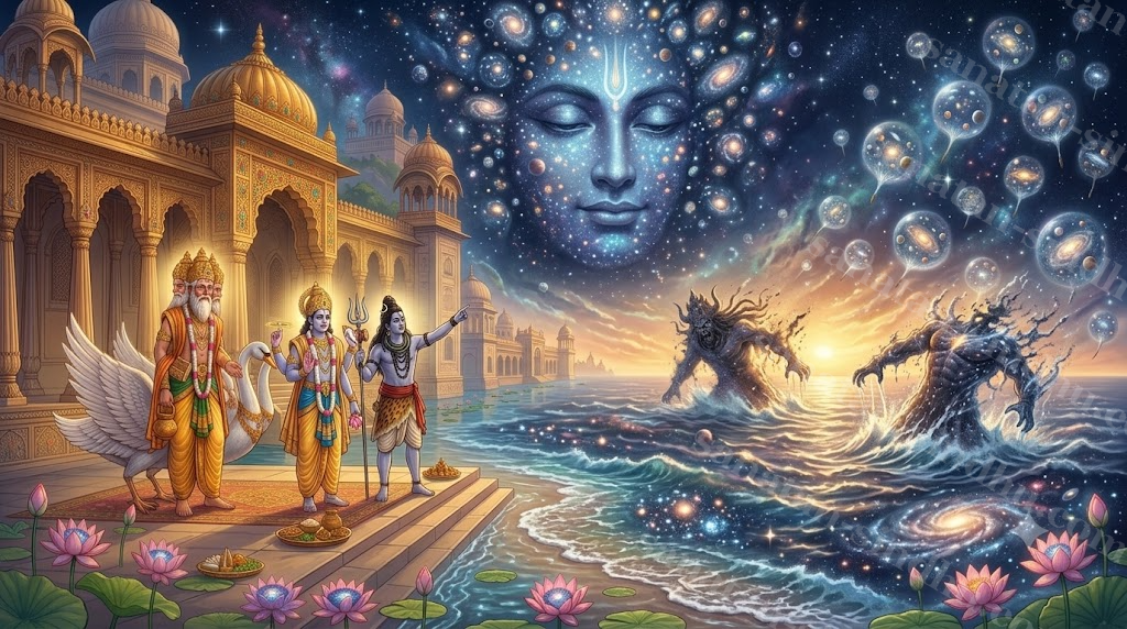 Brahmā, Viṣṇu and Śiva stand together on one shore after Madhu and Kaiṭabha are slain.