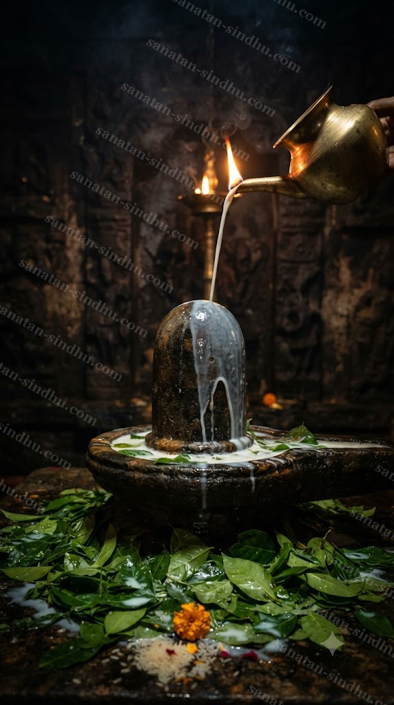 A stone Shiva lingam mid-abhisheka, a thin stream of milk pouring over it in dim torchlit temple darkness, bel leaves scattered at its base.