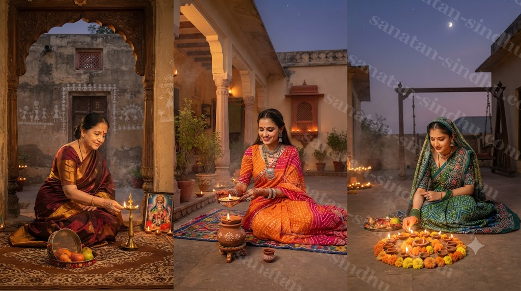 Three women in distinct regional textile styles, each performing an evening lamp-lighting ritual in her own home courtyard, softly separated across the frame rather than collaged.