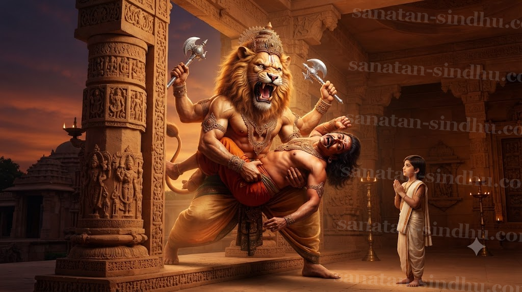 Man-lion Narasiṃha bursting from a shattered palace pillar at twilight; the tyrant king Hiraṇyakaśipu across his lap on the threshold; young Prahlāda in añjali mudrā watching calmly to the side.