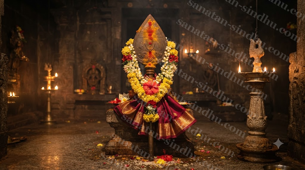A temple bronze Vel spear icon adorned with fresh flowers and vermilion, in soft temple lamplight.