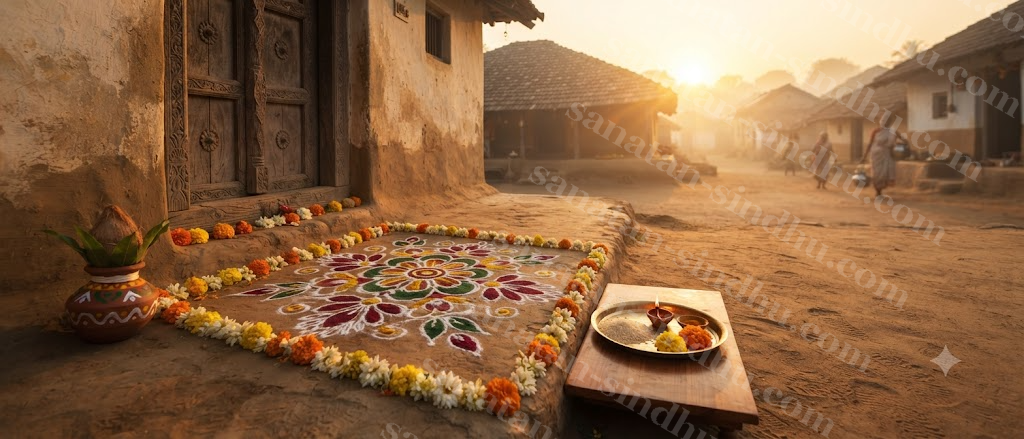 Early morning golden light breaking over a village threshold freshly decorated with a rangoli, a small offering of grain and flowers set out.