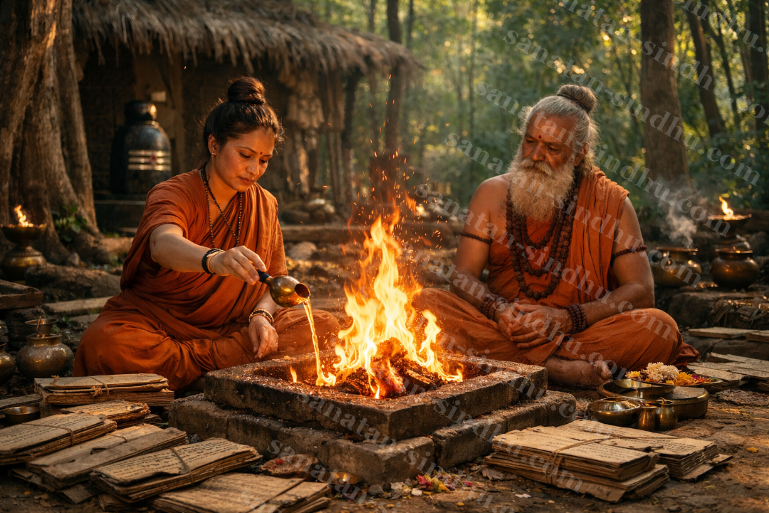 A female sage and a male sage seated together beside a sacred fire in a forest āśrama, she pouring ghee into the flames, palm-leaf manuscripts arranged around them.