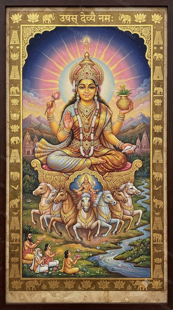 A reverent portrait or iconographic image of Devi Ushas (उषस्) in the traditional South Indian or Pahari miniature register.