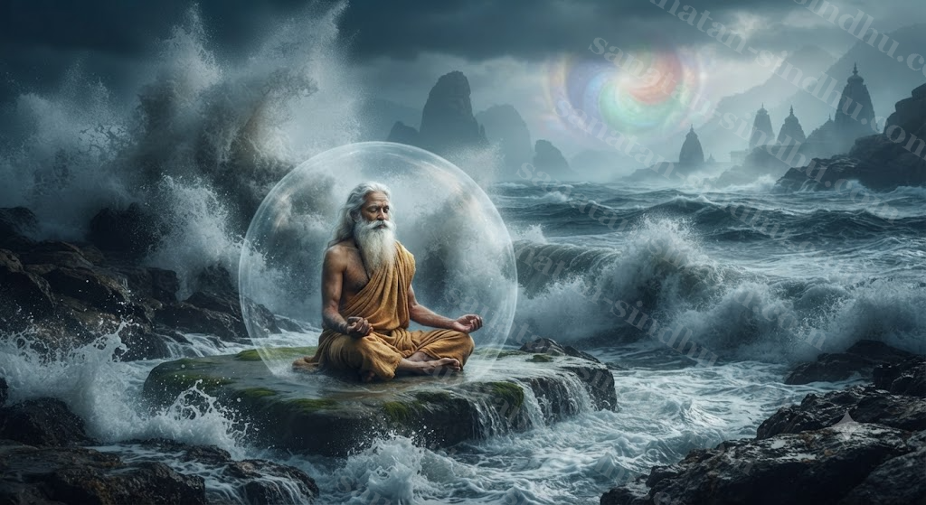 A serene ancient sage seated in lotus posture on a rocky shore, entirely undisturbed by towering dark waves crashing around him.
