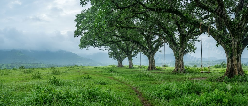 A monsoon-green landscape with a row of rope swings hung from a line of large trees, distant hills soft with mist, lush and quiet.