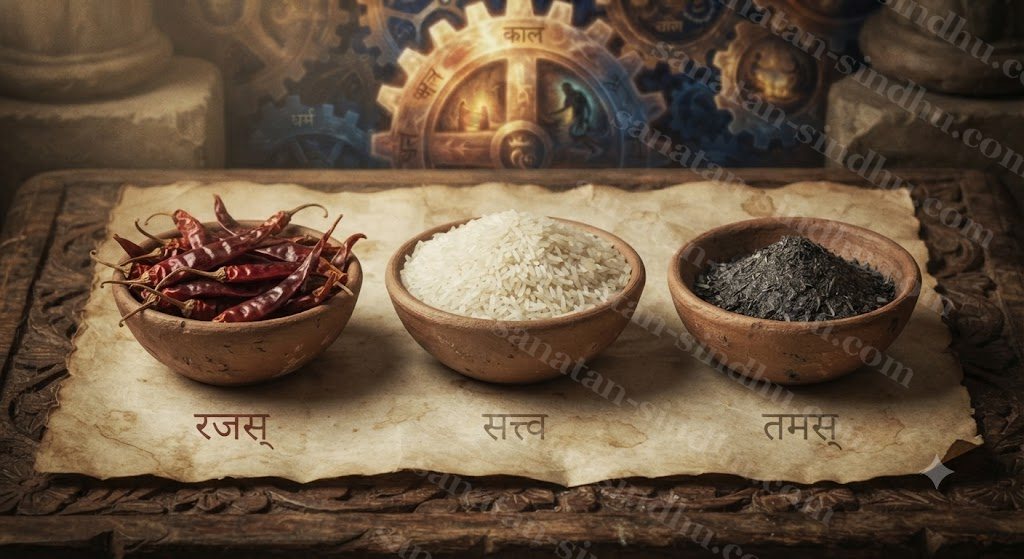 Three clay bowls on parchment holding white rice, red chilli and dark ash, labelled in faint Devanāgarī — a study of the three guṇas.