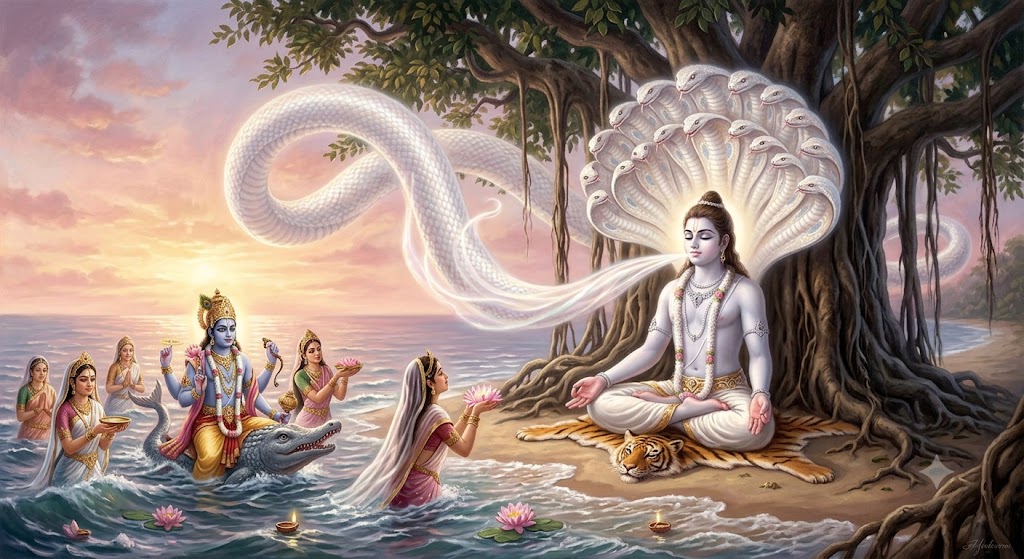 Fair-skinned Balarāma seated in meditation beneath a banyan tree by the ocean at dawn; a colossal thousand-hooded white cosmic serpent emerges gently from his mouth, welcomed by Varuṇa and the personified sacred rivers rising from the waves.