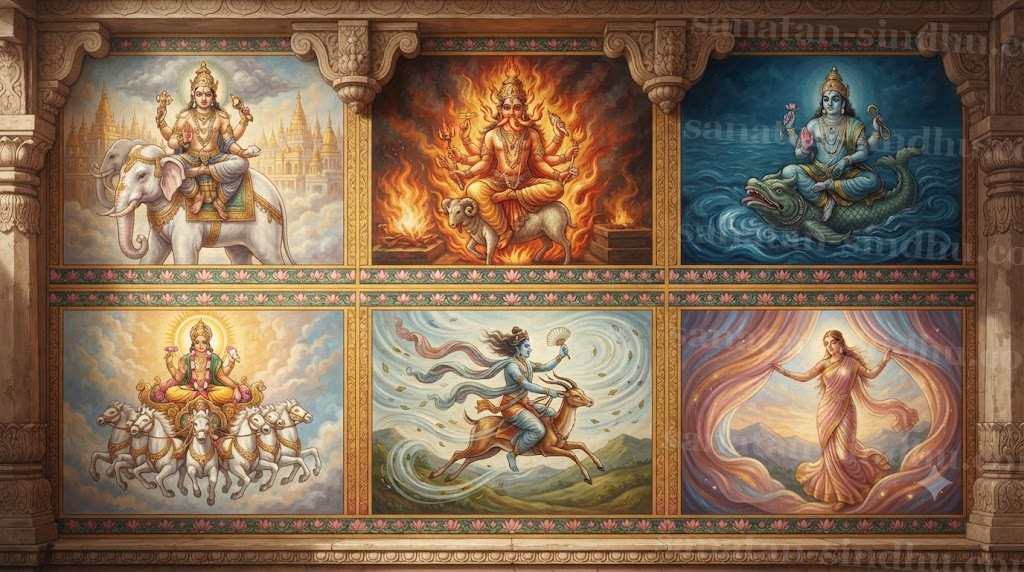 Six-panel devotional painting in temple-mural style: Indra with vajra on Airāvata; Agni radiant with three tongues of flame; Varuṇa on a makara with his noose; Sūrya on a golden seven-horsed chariot; Vāyu riding an antelope through wind currents; Uṣas as the dawn goddess opening rose-gold curtains of light.