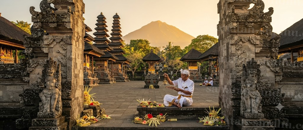 Golden-hour photograph of a Balinese temple courtyard: split candi bentar gates, tiered black thatch meru towers, offerings of flowers on the steps, a priest in white ringing a bell, Mount Agung glowing behind.
