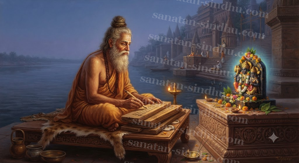 Gosvāmī Tulsīdās seated on a low wooden seat beside the Gaṅgā at Vārāṇasī, writing the Rāmacaritamānas on palm-leaf folios by lamplight, a small Rāma shrine glowing before him.
