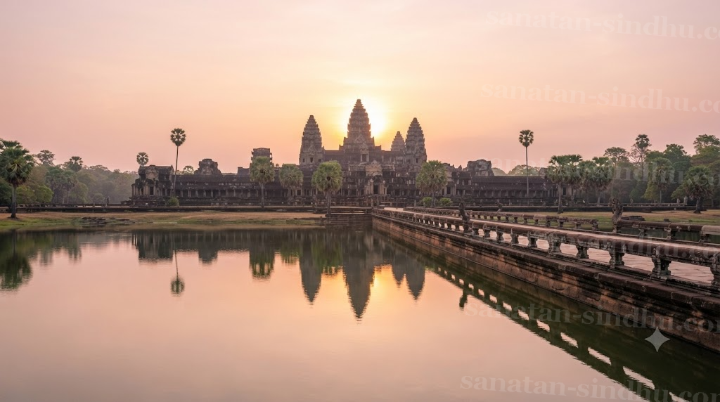 Angkor Wat at sunrise photographed across its wide moat, the five sandstone towers reflected in still water, the long causeway leading in — the moat reading unmistakably as an encircling ocean.