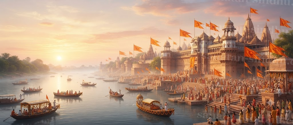 Ayodhyā at sunrise from the river — banners on the palace towers, boats on the Sarayū, citizens gathering along the ghats on the morning of Rāma's coronation.