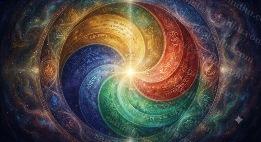 An abstract maṇḍala in which four fields of colour representing the four varṇas emerge from a single cosmic source and blend seamlessly into one another.