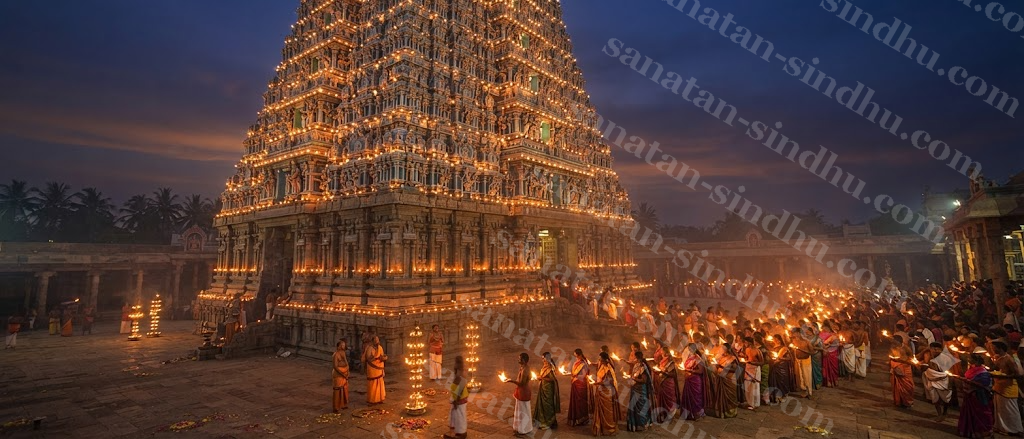 A South Indian temple gopuram tower at dusk, strings of oil lamps lit along its tiers, a procession of devotees with small torches approaching.