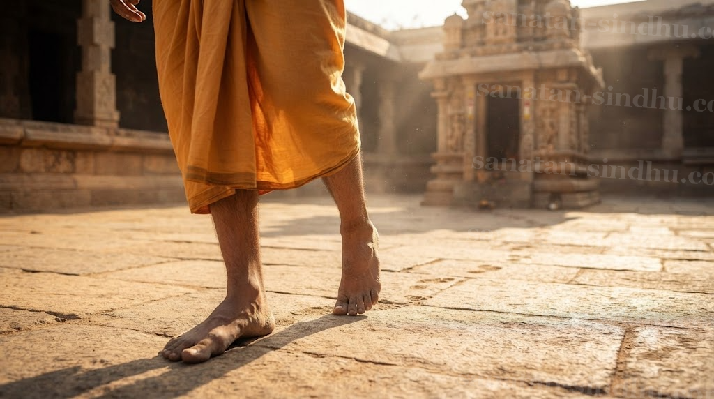 Close-up of bare feet mid-step, circling a small stone shrine clockwise across a sunlit temple courtyard, a faint trail of footprints curving away behind.