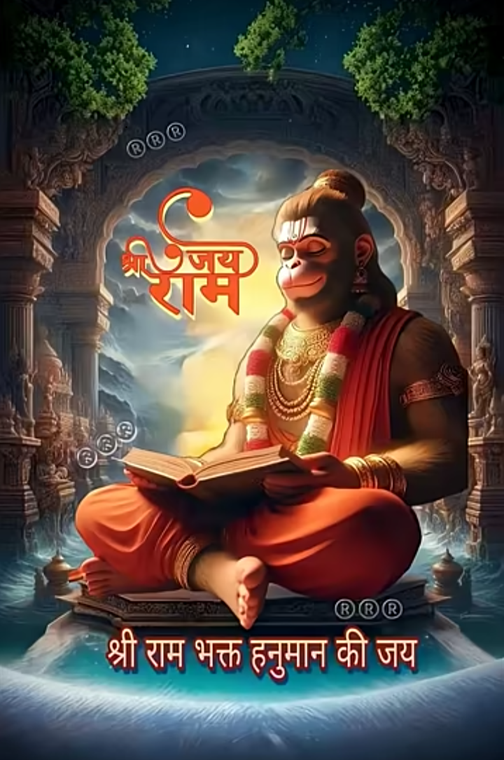 Hanumān seated with the open Rāmāyaṇa, framed by a temple archway