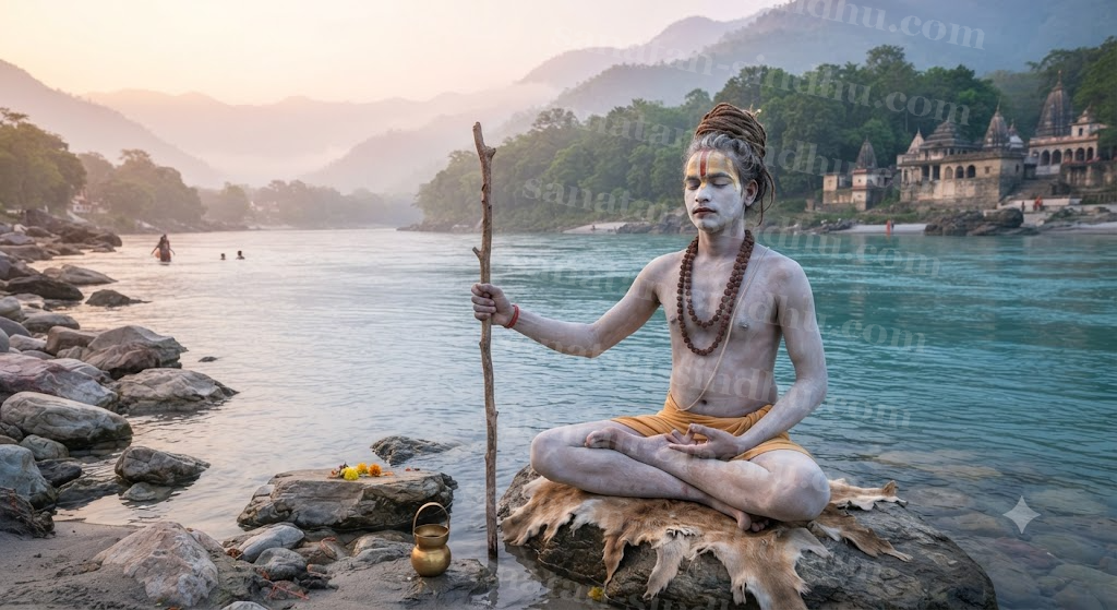An ash-smeared ascetic with matted hair seated in meditation on a rock beside the river, a wooden staff in hand.