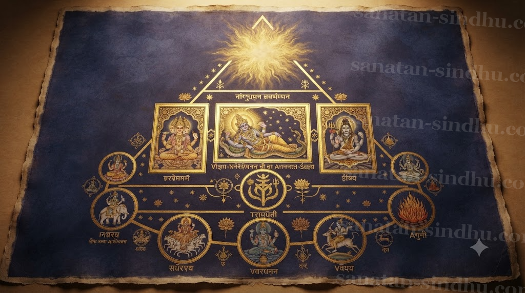 Elegant illuminated diagram in gold leaf on deep-indigo parchment: a triangular hierarchy with Nirguṇa Brahman at the apex as a formless radiance, Iśvara and the Trimūrti (Brahmā, Viṣṇu, Śiva) in the middle band, and the Devas (Indra, Sūrya, Varuṇa, Vāyu, Agni) as satellite discs around the base.