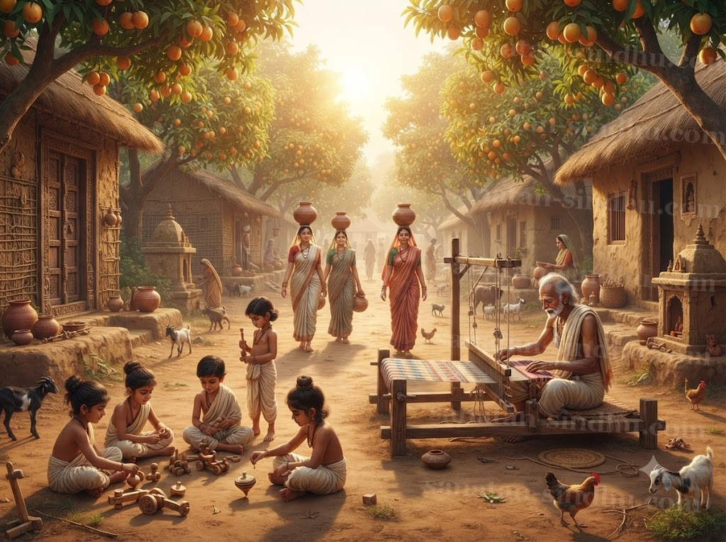 An ordinary prosperous town street in early morning — orchards heavy with fruit, children at play, an elderly weaver at a loom, women carrying water; unforced everyday life under warm daylight.