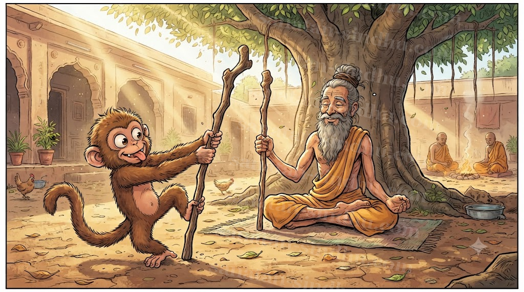 A playful young monkey mimicking a meditating sage with a stick in a temple courtyard.