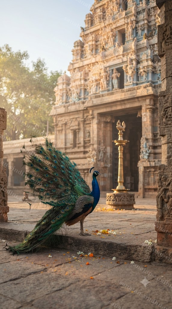 A peacock with feathers gently fanned, standing near a South Indian temple gate in soft morning light.