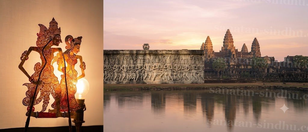 Diptych composition: on the left, the pierced silhouette of a leather Rāmāyaṇa shadow puppet glowing on a lit screen; on the right, the sandstone towers of Angkor Wat catching first light, the two halves joined by a band of carved bas-relief.