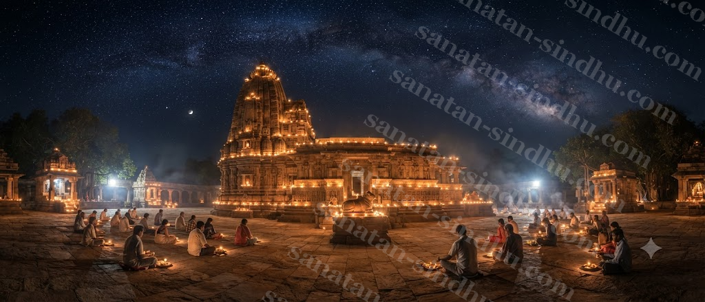 A stone Shiva temple at deep night, small oil lamps lit along its outer wall, devotees seated in silent vigil in the courtyard under a vast starlit sky.