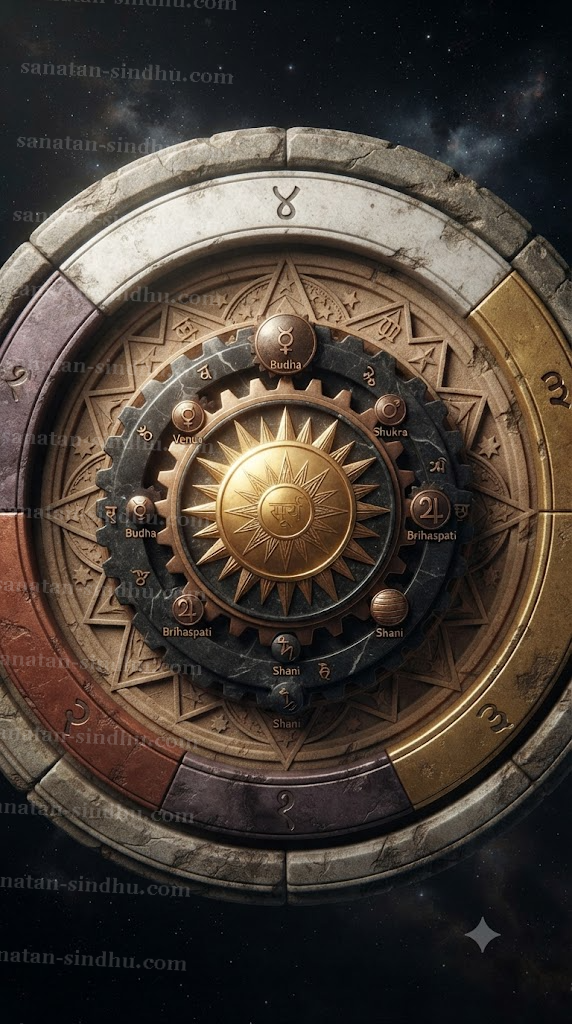 Astronomical diagram of the Sūrya Siddhānta cycles — central golden sun, concentric rotating stone gears for planetary orbits, an outer granite ring divided into four unequal segments in a 4:3:2:1 ratio (Satya white, Tretā gold, Dvāpara bronze-red, Kali smoky purple) with Sanskrit numerals engraved.